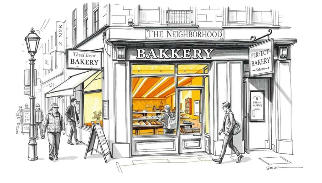 A cozy neighborhood bakery, its warm glow beckoning from the street. A charming storefront in soft pencil strokes, with a vibrant splash of color accentuating the fresh bread in the window display. Pedestrians strolling by, their figures sketched in muted tones, drawn towards the enticing aroma of just-baked pastries. Carefully composed signage points the way, guiding the viewer to the perfect local bakery, a haven of artisanal goodness in the heart of the community.