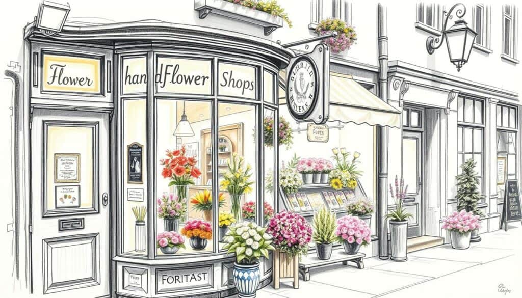 A cozy neighborhood flower shop nestled among quaint storefronts, its windows adorned with vibrant floral displays. The storefront's facade features a charming hand-painted sign, with a small splash of color highlighting the shop's name. Warm lighting filters through the glass, casting a soft glow that invites passersby to step inside. The interior is filled with lush, carefully arranged bouquets, each one a testament to the florist's skilled craftsmanship. The scene is captured in a delicate pencil sketch, with a subtle color accent adding depth and visual interest to the image.