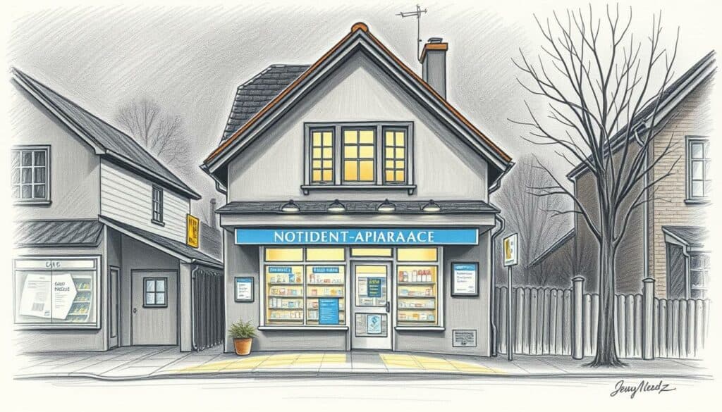 A cozy neighborhood pharmacy, the Notdienst-Apotheke, stands as a beacon of care, its facade bathed in a soft, warm glow against the dusky surroundings. Delicate pencil strokes capture the intricate details of the building's architecture, with a subtle touch of color highlighting its inviting presence. The scene evokes a sense of reassurance, as if the pharmacy is ever-ready to provide essential medicines and support, day or night, for the local community. The image invites the viewer to imagine stepping inside, where the scent of pharmaceuticals mingles with a comforting atmosphere, ready to attend to any urgent health needs.