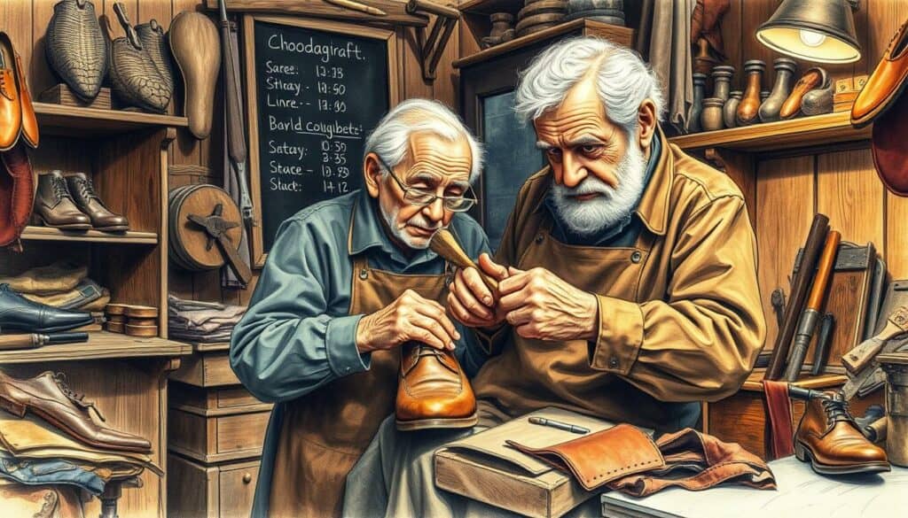 A cozy neighborhood workshop with an elderly cobbler meticulously repairing a pair of well-worn leather shoes. Warm lighting casts a soft glow, highlighting the cobbler's skilled hands as he stitches and hammers. The workshop is filled with an assortment of tools, lasts, and worn leather scraps, creating a sense of authenticity. In the background, a chalkboard displays shoe sizes and pricing, adding to the old-world charm. The scene is rendered in a muted color palette, with a subtle splash of color, perhaps a vibrant thread or a polished leather swatch, drawing the viewer's eye to the center of the frame.
