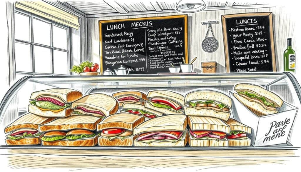 A cozy, rustic cafe interior with a display case filled with an array of freshly made sandwiches and daily specials. The sandwiches are artfully arranged, their fillings peeking out from between slices of crusty bread. The background features a chalkboard menu highlighting the lunch menu offerings. Warm, natural lighting casts a soft glow over the scene, creating an inviting and appetizing atmosphere. The image is rendered in a pencil sketch style with subtle pops of color to highlight the textures and details of the food. The overall impression is one of homemade, local fare perfect for a midday meal.