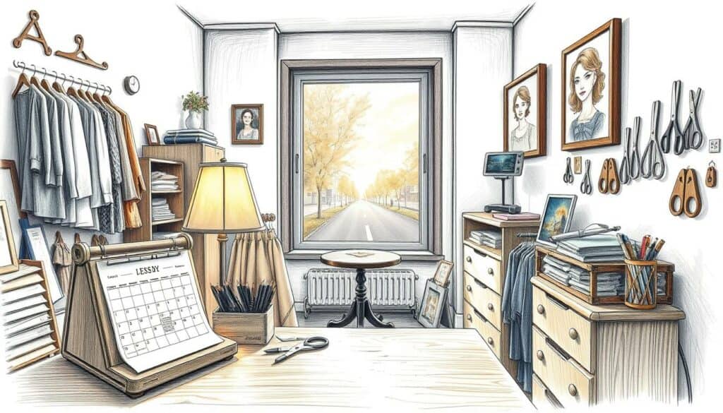 A cozy sewing studio with a neatly organized reception area. In the foreground, a wooden desk with a calendar, pens, and a warm lamp creating a soft glow. Behind it, a large window allowing natural light to filter in, showcasing a tranquil street scene outside. The walls are adorned with fabric swatches, scissors, and a framed portrait in pencil with a touch of color. The overall atmosphere exudes a sense of welcoming professionalism, inviting customers to schedule their alterations and repairs.