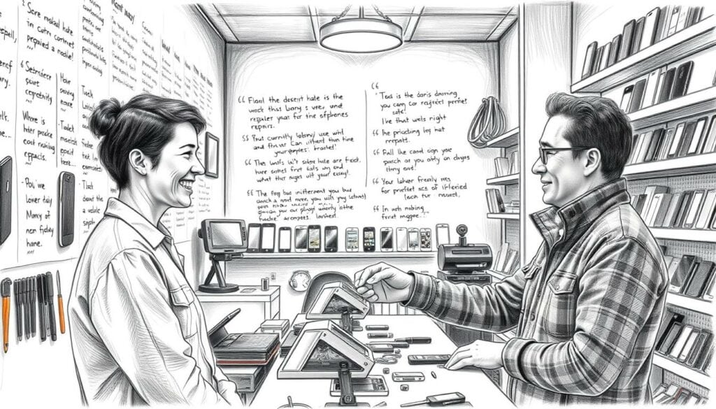 A cozy smartphone repair shop, its walls adorned with vibrant customer reviews. In the foreground, a customer smiles contentedly as a technician hands them their freshly repaired device. Soft lighting illuminates the scene, creating a warm, welcoming atmosphere. The middle ground features neatly organized tools and spare parts, conveying a sense of professionalism and attention to detail. In the background, shelves display an array of smartphone models, hinting at the shop's comprehensive repair capabilities. The entire scene is rendered in a striking pencil sketch style, with pops of color highlighting key elements, creating a visually captivating and memorable image.
