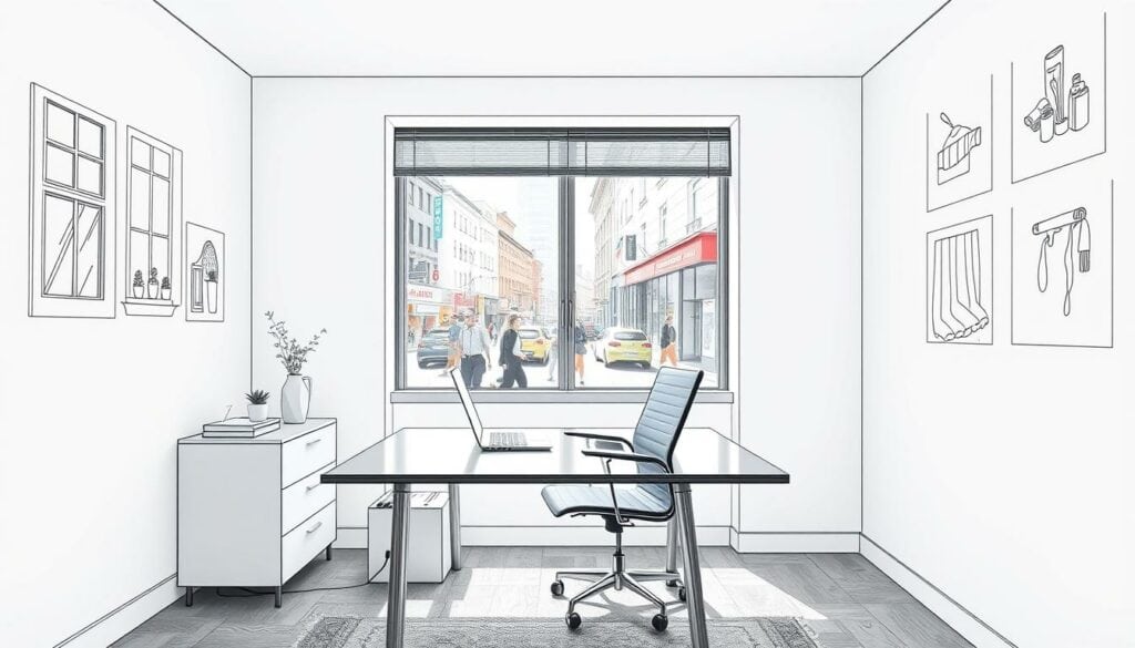 A cozy, well-lit office space, with a sleek, minimalist desk and chair. On the desk, a laptop and a few carefully arranged stationery items. In the background, a window overlooking a bustling city street, with people hurrying by. The walls are adorned with simple, elegant line drawings, each with a subtle splash of color, depicting various cleaning services - windows, carpets, and more. The overall atmosphere is one of efficiency, professionalism, and attention to detail, inviting the viewer to explore the nearby cleaning options.