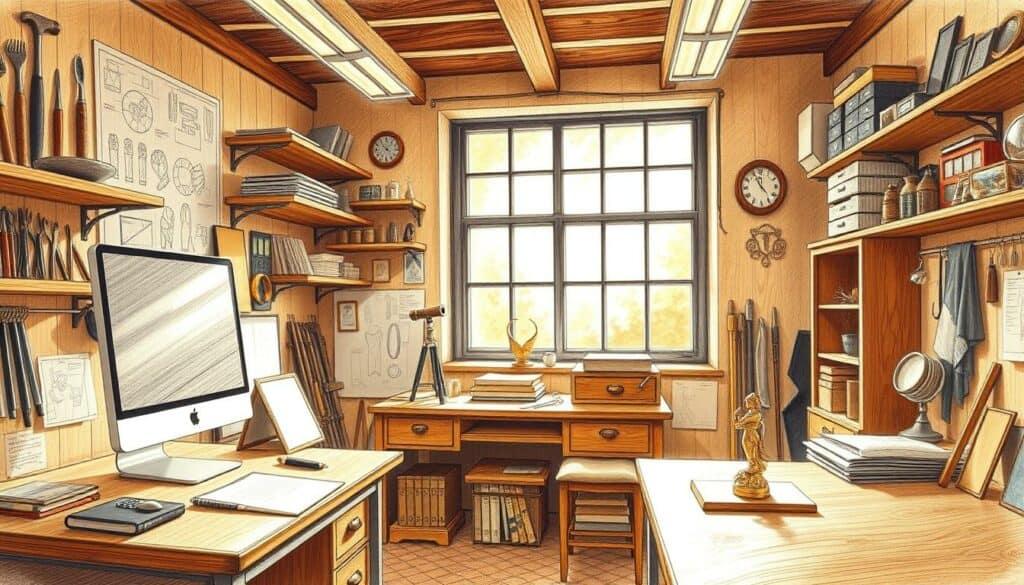 A cozy, well-lit studio with a warm, inviting atmosphere. In the foreground, a wooden desk with a desktop computer, a pen, and a stack of papers. On the desk, a small golden figurine, representing the essence of the goldsmith's craft. In the middle ground, shelves filled with diverse tools and materials - hammers, pliers, precious stones, and metal sheets. The background features a large window, allowing natural light to flood the space, casting a soft, ethereal glow. The walls are adorned with sketches and design plans, hinting at the creative process behind the goldsmith's work. The overall scene conveys a sense of professionalism, attention to detail, and the proud display of the goldsmith's expertise.