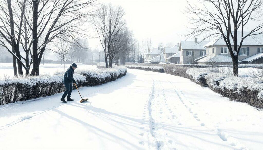 A crisp winter day, the ground blanketed in pristine white snow. In the foreground, a dedicated worker meticulously shovels and clears the path, their figure cast in a subtle wash of color against the monochrome backdrop. In the middle ground, a snow-covered sidewalk winds through the serene landscape, flanked by leafless trees reaching skyward. The background depicts a cozy residential neighborhood, the rooftops dusted with a layer of glistening snow, hinting at the warmth and comfort within. Soft, directional lighting casts long shadows, emphasizing the textures and details of the scene. The overall mood is one of industrious diligence, ensuring the safety and accessibility of the community during the winter months.
