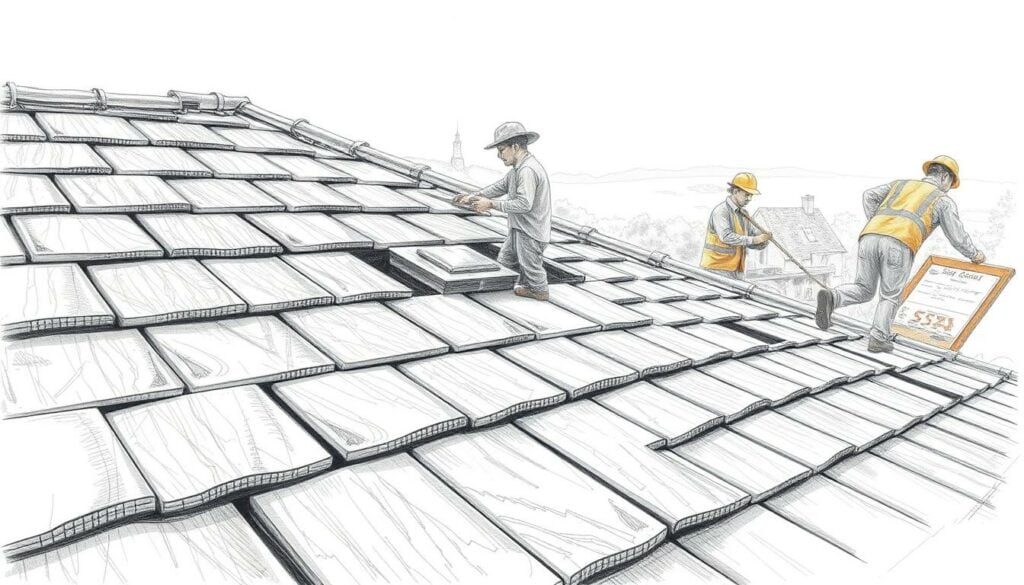 A detailed architectural blueprint of a slate roof undergoing renovation, showcasing the various stages of the process. The foreground depicts a close-up view of the roof tiles, their intricate patterns and textures brought to life through a delicate pencil sketch. The middle ground reveals the construction workers diligently repairing damaged sections, their tools and materials neatly organized. In the background, a subtle wash of color highlights the surrounding landscape, providing a sense of context and setting. The overall mood is one of meticulous craftsmanship and attention to detail, befitting the technical nature of the task at hand. The lighting is soft and diffused, creating a sense of calm and professionalism.