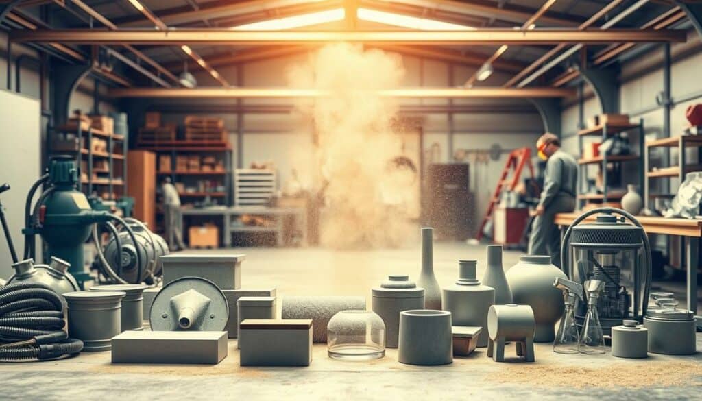 A detailed blueprint of various sandblasting services and their associated costs, showcased in a well-lit, industrial-style setting. The foreground features an array of sandblasting equipment, hoses, and protective gear, meticulously arranged to convey the technical nature of the process. The middle ground depicts a series of sandblasted objects, ranging from metal surfaces to glass and ceramics, highlighting the versatility of the technique. The background offers a glimpse of a workshop environment, complete with shelves, workbenches, and the faint silhouettes of workers, all bathed in a soft, warm lighting that creates a sense of professionalism and expertise. The overall composition aims to provide a comprehensive visual representation of the costs and scope of sandblasting services.
