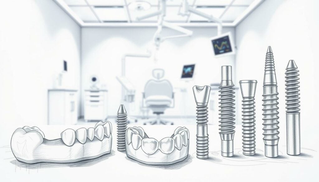A detailed dental prosthetic and implant display in a surgical clinic setting. The foreground features an array of various dental appliances, including dentures, bridges, and implants, rendered in a realistic pencil sketch style with subtle color accents. The middle ground showcases a dental chair and medical equipment, conveying a sense of professionalism and expertise. The background depicts a clean, well-lit clinical environment, with subtle patterns and textures on the walls and floors to create depth and atmosphere. The overall mood is one of precision, care, and customized solutions for dental health. Soft, directional lighting casts subtle shadows, enhancing the three-dimensional qualities of the scene.