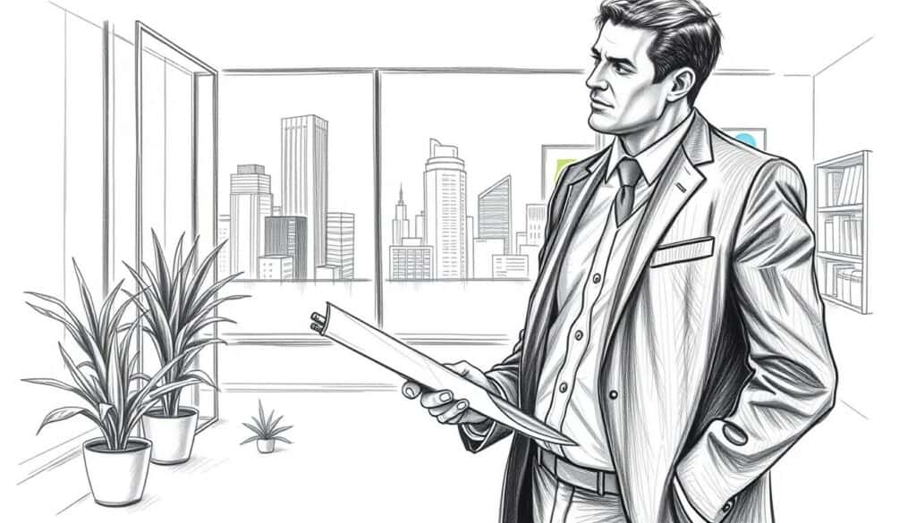 A detailed graphite sketch of a man in a suit holding a pen and paper, representing a tax consultant, standing in the foreground. The middle ground shows a modern office interior with bookshelves and potted plants, conveying a professional, organized environment. The background features a cityscape of tall buildings, suggesting the urban setting of the tax consultant's practice. The scene is softly lit, creating a contemplative mood, with a subtle splash of color, such as a blue or green accent, to highlight the subject. The overall atmosphere evokes the experience of transitioning to a new tax consultant, a significant but thoughtful process.