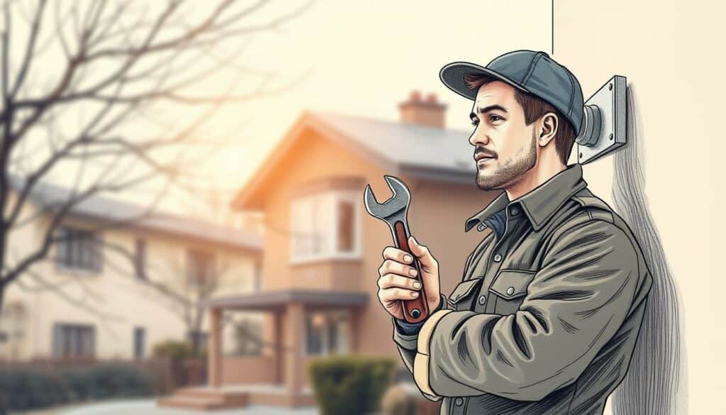 A detailed, hand-drawn illustration depicting a heating technician, showcased in the foreground against a softly blurred urban backdrop. The technician, dressed in a uniform, is holding a wrench and examining a home's heating system. The illustration features a muted color palette with subtle, strategic pops of color to highlight the key elements. The overall composition conveys a sense of professionalism, expertise, and availability to assist with emergency heating services in the local community.