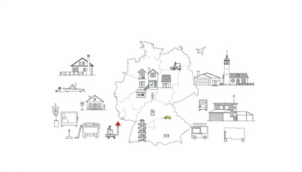 A detailed illustration depicting the diverse Einsatzgebiete, or areas of operation, for professional Tatortreiniger, or crime scene cleaners, across Germany. The scene features a clean, minimalist background with a soft, neutral palette, allowing the central focus to be on the various settings where these specialized service providers work. Rendered in a distinctive pencil sketch style with subtle pops of color, the image showcases the discreet and professional nature of their services, catering to a range of environments from private residences to commercial properties. The composition clearly communicates the wide-reaching reach and expertise of Tatortreiniger throughout the country.