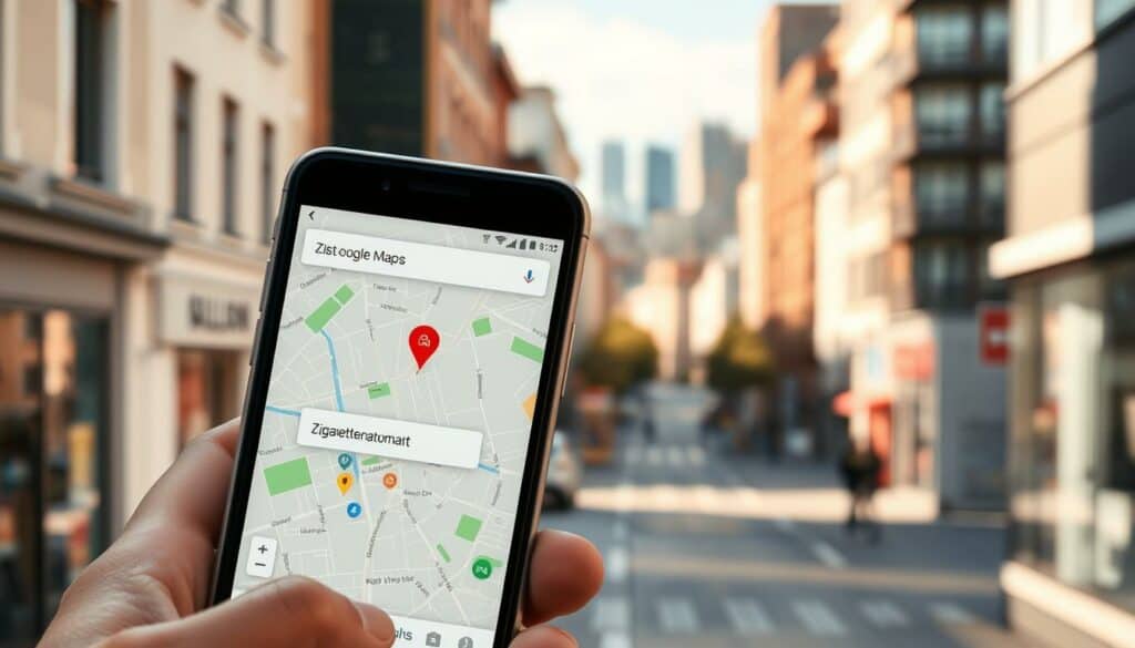 A detailed illustration of a Google Maps search for a nearby cigarette vending machine. The foreground depicts a smartphone screen displaying the Google Maps interface, with the user's location pinpointed and the search query "Zigarettenautomat" visible. The middle ground shows a city street with various buildings and storefronts, and the background features a softly blurred urban skyline. The scene is captured with a shallow depth of field, creating a sense of focus on the smartphone screen. The lighting is natural and warm, lending a welcoming atmosphere to the image. The overall composition emphasizes the ease of locating a cigarette vending machine using the ubiquitous Google Maps application.