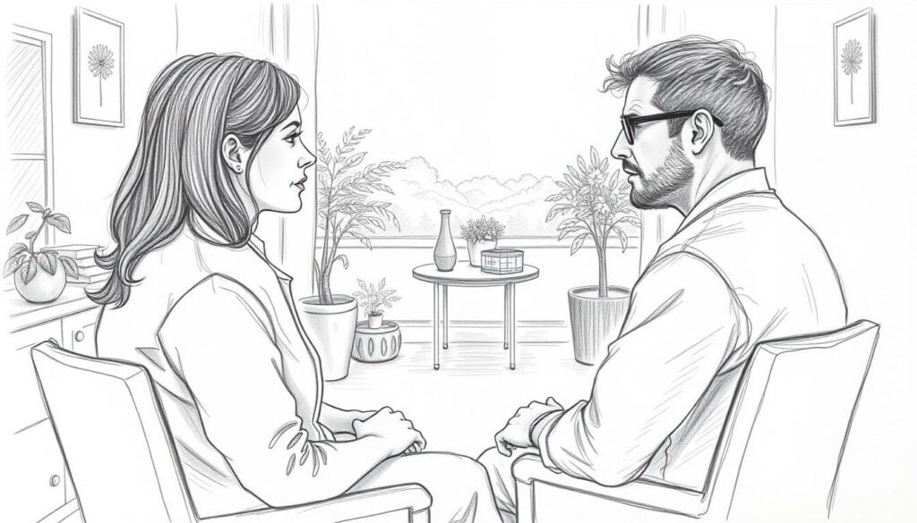 A detailed pencil sketch of a Heilpraktiker (naturopathic practitioner) consultation, with a muted color palette and a warm, earthy tone. The practitioner sits across from the patient, focused intently on discussing treatment options. The foreground captures the exchange, with the patient's expression of contemplation and the practitioner's gesture of explanation. The middle ground reveals a cozy, well-appointed office setting, hinting at the care and professionalism of the practice. The background subtly suggests the tranquility of the natural world, conveying a sense of holistic healing. Soft lighting casts gentle shadows, creating a serene and inviting atmosphere.