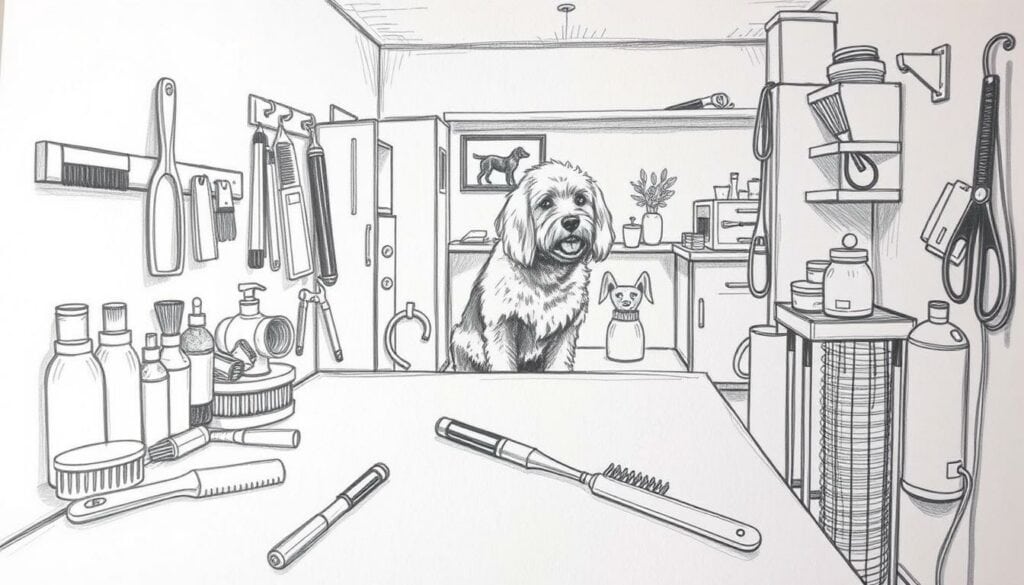 A detailed pencil sketch of a dog grooming station, with a focus on the various tools and products used in canine fur care. In the foreground, a grooming table is visible, surrounded by brushes, combs, shampoos, and other essential grooming items. The middle ground showcases a well-groomed dog, their fur glistening with a subtle touch of color, underscoring the care and attention given. In the background, a cozy, soothing atmosphere is depicted, with soft lighting and a minimalist decor, conveying the tranquility and professionalism of a well-run dog salon. The overall scene exudes a sense of expertise and attention to detail, perfectly capturing the essence of "Hundefellpflege" and the "Häufige Fragen zur Fellpflege" section.