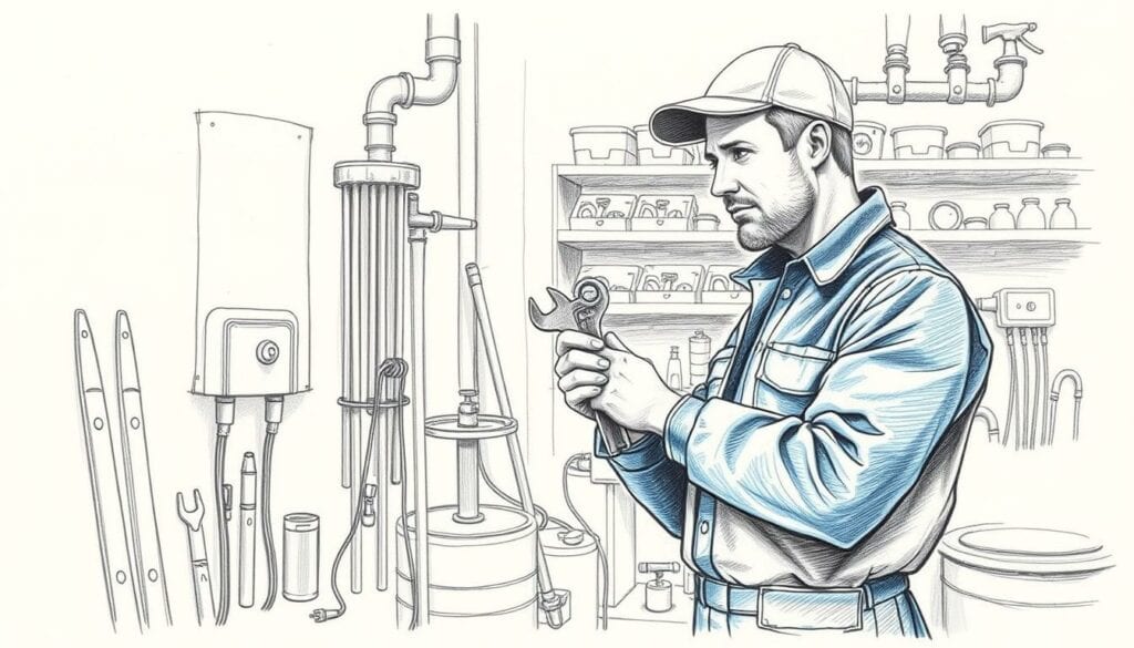 A detailed pencil sketch of a male plumber, dressed in a blue uniform, with a wrench in hand, carefully examining a residential heating system. The middle ground features tools and equipment, while the background depicts a neatly organized workshop with shelves of spare parts. The scene conveys an atmosphere of professionalism and attention to detail, with a subtle touch of color, perhaps in the form of a safety vest or a tool. The lighting is soft and natural, highlighting the plumber's focused expression as he makes an informed decision about the appropriate course of action for the repair.