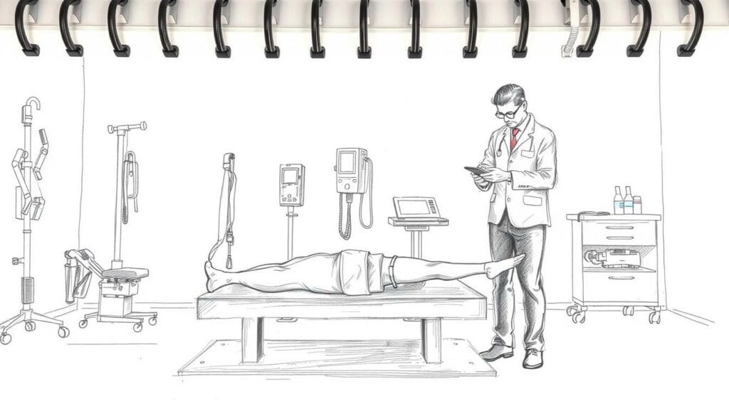 A detailed pencil sketch of a physiotherapy session, with a subtle touch of color highlighting key elements. The foreground depicts a patient performing exercises under the watchful eye of a physiotherapist, their movements captured in dynamic lines. The middle ground showcases various medical equipment and tools used during the treatment, while the background suggests a calm, professional environment, with clean lines and a muted palette. Soft shadows and highlights lend depth and dimension to the scene, creating a sense of realism. The overall mood is one of focused care and rehabilitation, reflecting the expertise and dedication of the physiotherapy practice.