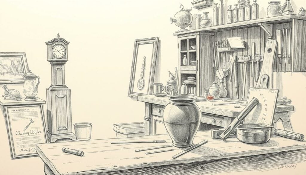 A detailed pencil sketch of an antique restoration workshop, showcasing a well-worn oak workbench adorned with various tools and a partially restored vase in the foreground. Soft, warm lighting illuminates the scene, casting subtle shadows and accentuating the textures of the aged wood and metal. In the middle ground, an antique clock and a framed painting lean against the wall, hinting at the diverse collection of artifacts awaiting restoration. The background fades into a serene, muted palette, allowing the main subject to take center stage. A touch of color, perhaps a vibrant red or gold accent, adds a sense of depth and visual interest to the otherwise monochromatic illustration.