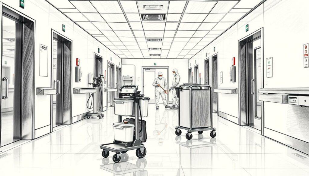 A detailed, spotless medical facility with gleaming stainless steel surfaces, freshly mopped floors, and a crisp, sterile atmosphere. The lighting is bright and even, accentuating the cleanliness. In the foreground, a cleaning cart with specialized equipment stands ready. The middle ground features medical staff in protective gear, methodically disinfecting surfaces. The background showcases the architectural elements of the space, rendered in a muted color palette with a subtle pencil sketch effect, allowing the central cleaning activities to take the spotlight. This image conveys the importance of specialized, meticulous cleaning for sensitive medical environments.