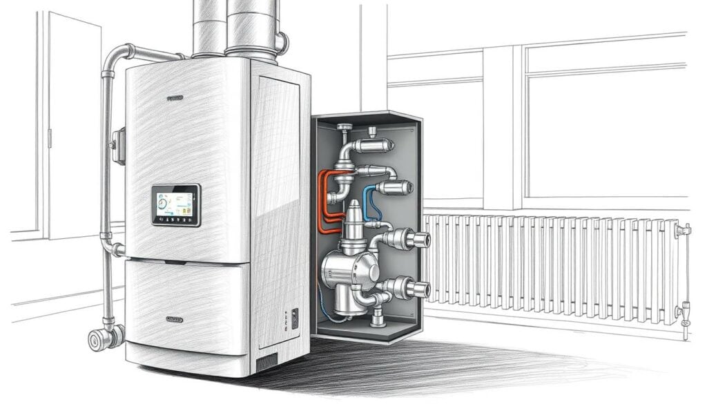 A detailed technical illustration of efficient and future-proof heating systems. The foreground features a sleek, modern boiler with clean lines and a metallic finish, surrounded by various heating components like radiators, pipes, and control panels. The middle ground showcases a cutaway view of the boiler's internal workings, revealing its intricate mechanisms and energy-efficient design. The background depicts a minimalist architectural interior, with large windows letting in natural light and creating a sense of airy, open space. The entire scene is rendered in a subdued, technical style, with the majority of the image in a pencil sketch format, but with subtle pops of color highlighting key elements like the boiler's display and the radiator valves. The overall mood is one of precision, innovation, and a focus on sustainable, high-performance heating solutions.