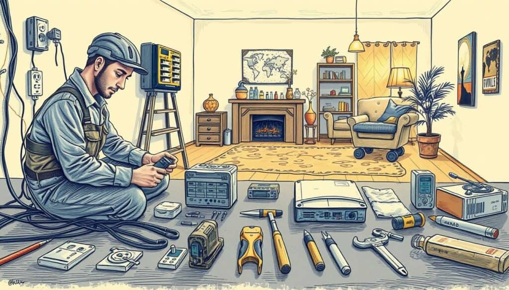 A detailed technical illustration showcasing electrical installation services in a residential setting. The foreground depicts a skilled electrician performing various tasks such as wiring, installing outlets, and inspecting circuit breakers. The middle ground features various electrical components and tools laid out neatly, conveying a sense of professionalism and expertise. The background showcases a cozy, well-lit interior with warm lighting, hinting at the comfort and safety provided by reliable electrical work. The entire scene is rendered in a soft, hand-drawn style with muted tones, save for strategic pops of color highlighting key elements. The overall mood is one of competence, reliability, and attention to detail.