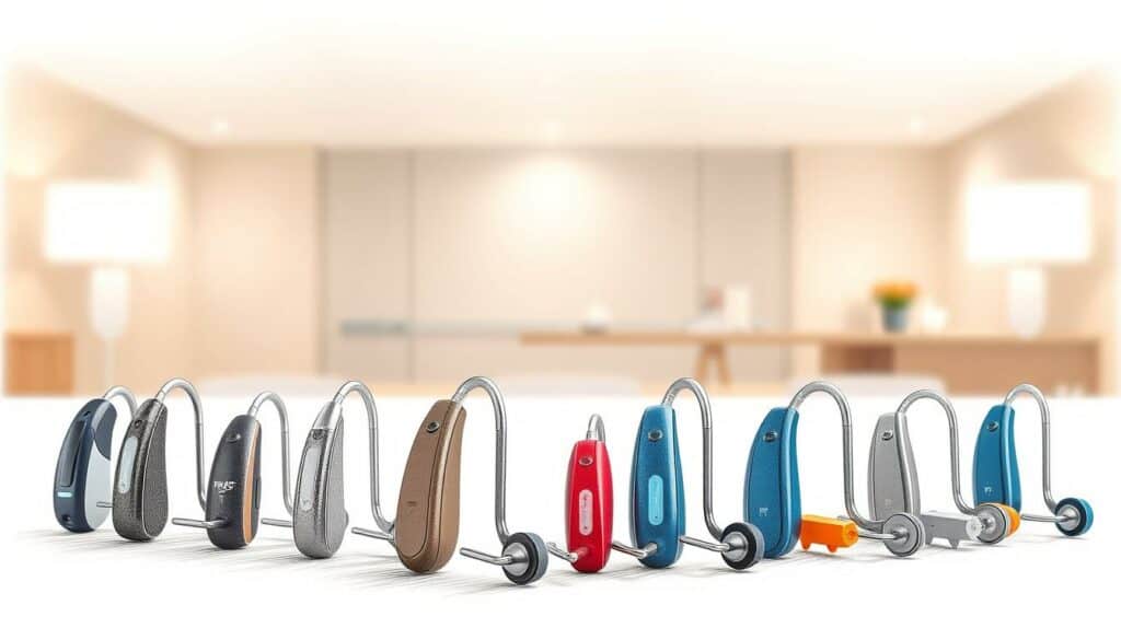 A display of various hearing aid models in a warm, minimalist setting. The devices are presented with precision and attention to detail, each one showcased against a softly blurred background. The foreground features a harmonious arrangement of the hearing aids, with subtle pops of color adding visual interest. The middle ground reveals a clean, well-lit environment, hinting at a professional setting. In the background, a muted color palette and gentle shadows create a sense of depth and atmosphere, inviting the viewer to focus on the featured products. The overall composition conveys a sense of thoughtfulness and attention to the needs of the user, aligning with the article's subject and section title.