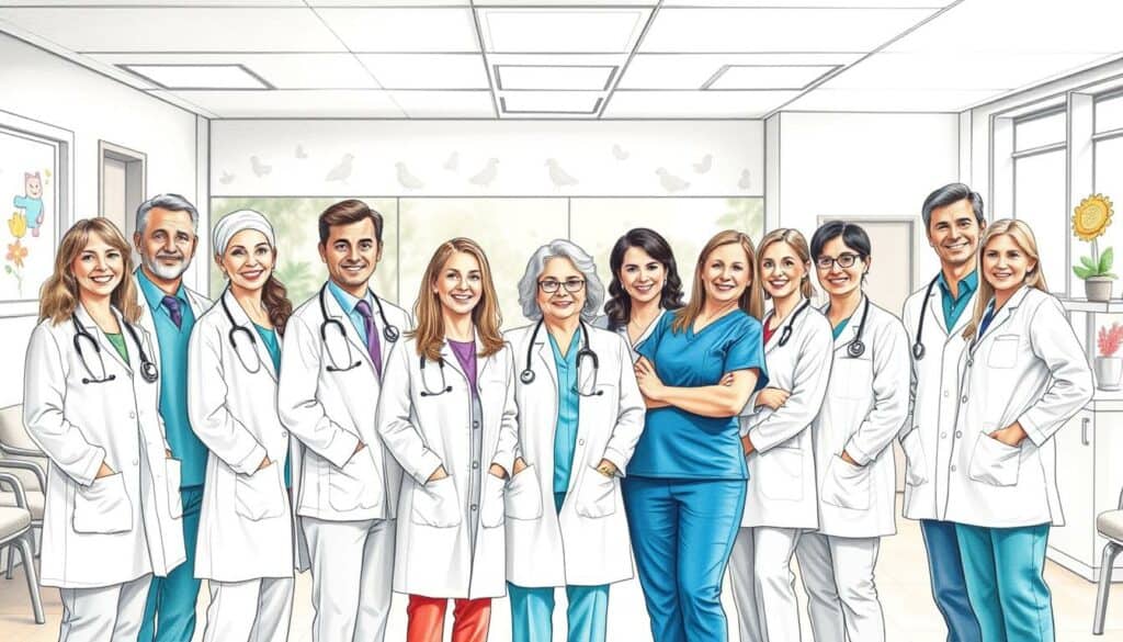 A friendly team of pediatric healthcare professionals gathered in a warm, inviting pediatric clinic. In the foreground, a diverse group of doctors, nurses, and staff members stand together, their expressions kind and welcoming. They are dressed in clean, crisp medical attire, conveying a sense of professionalism and expertise. In the middle ground, the clinic's waiting area is visible, with comfortable seating and whimsical decor aimed at making young patients feel at ease. The background features a softly blurred scene of the examination rooms, hinting at the high-quality medical care provided. The entire image is rendered in a delicate pencil sketch style, with subtle pops of color highlighting the team's compassionate demeanor.