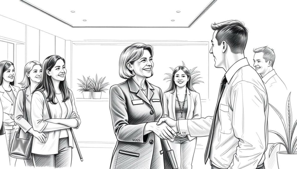 A group of satisfied customers gathered in a well-lit commercial lobby, enjoying a sense of cleanliness and order. In the foreground, a middle-aged woman in a professional uniform shakes hands with a smiling businessman, conveying a positive customer experience. The background features a modern, minimalist reception desk and potted plants, creating a serene, welcoming atmosphere. The image is rendered in a predominantly pencil-sketch style with subtle pops of color, such as the uniform's insignia or the businessman's tie, drawing the viewer's attention to the key details.