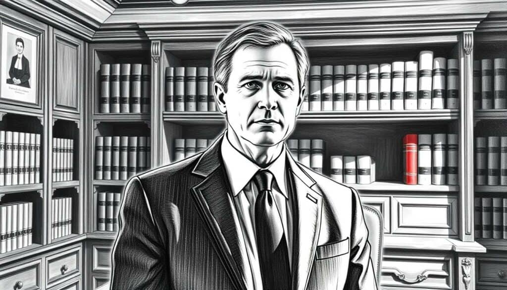 A high-contrast black-and-white pencil sketch of a German lawyer in a formal suit, standing confidently in a well-appointed office. The lawyer's face is lightly shaded, creating a contemplative expression. The background features a wooden desk, bookshelves, and a single vibrant red accent, such as a book spine or document folder, drawing the eye to the subject. The lighting is dramatic, casting shadows that add depth and texture to the scene. The overall tone is professional and authoritative, reflecting the expertise and trustworthiness of the legal counsel.