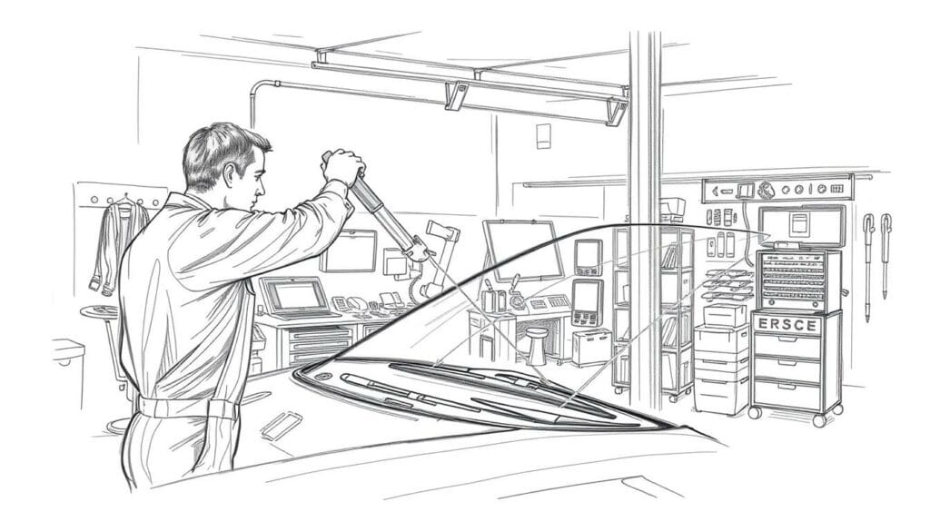 A high-quality auto glass service center, showcased in a detailed pencil sketch with a subtle pop of color. In the foreground, a skilled technician expertly replaces a windshield, their careful movements captured in precise lines. The middle ground features an array of specialized tools and equipment, meticulously rendered to convey the professionalism of the establishment. In the background, a warm, inviting interior with muted tones and clean lines sets the mood for a trusted, reliable auto glass service experience. Soft lighting casts gentle shadows, adding depth and dimension to the scene. The overall composition emphasizes the attention to detail, quality workmanship, and customer-centric approach that defines an outstanding auto glass service.