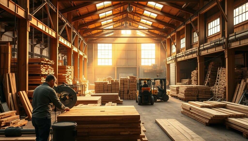 A large, well-lit sawmill interior with wooden beams, racks, and machinery. In the foreground, a worker operates a circular saw, cutting thick planks of wood. In the middle ground, stacks of freshly milled lumber are neatly arranged, while in the background, forklifts and other equipment move materials around the facility. Warm, golden lighting filters through the windows, creating a sense of productivity and craftsmanship. The scene conveys the expertise and efficiency of Pieper Holz, a leading sawmill in North Rhine-Westphalia, Germany.