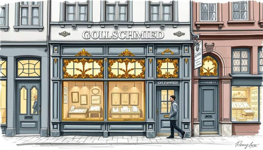 A meticulously crafted storefront nestled amidst the historic buildings of Hamburg's Altstadt, the Goldschmied workshop stands as a beacon of time-honored craftsmanship. Ornate gold-trimmed windows frame the display of exquisite jewelry, inviting passersby to step into a world of bespoke creations. The façade, rendered in a muted palette of grays and blues, exudes an aura of refined elegance, complemented by the warm glow of subtle lighting. In the foreground, a lone pedestrian pauses, captivated by the allure of the artisanal wares. The scene is captured in a soft, pencil-sketch style, with a hint of color accentuating the gold-leaf details, evoking a sense of timeless charm.