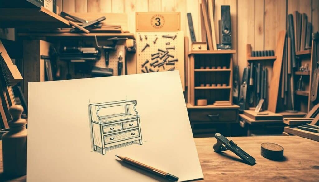 A meticulously crafted workshop, filled with the tools of the trade - planes, chisels, and saws, all neatly arranged. In the foreground, a detailed pencil sketch of a custom-designed cabinet, its intricate joinery and elegant lines hinting at the specialized skills of the master craftsman. A warm, muted color palette bathes the scene, creating a sense of tranquility and focus. Soft directional lighting casts subtle shadows, accentuating the textures of the wood and the precision of the workmanship. This image captures the essence of a Tischler Spezialisierung - a dedicated woodworker's domain, where creativity and technical mastery converge to produce exceptional, tailored furniture.