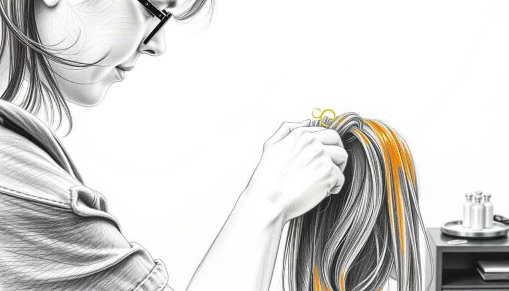 A meticulously rendered pencil sketch of a skilled hairstylist's hands delicately styling a client's hair, with a subtle splash of vibrant color highlighting the mastery of their craft. The foreground focuses on the intricate techniques and precise movements, while the middle ground showcases the hairstylist's attentive expression and the client's serene, trusting demeanor. In the background, a minimalist salon setting provides a clean, professional atmosphere, emphasizing the expertise and dedication required to become a top-tier hairstylist.