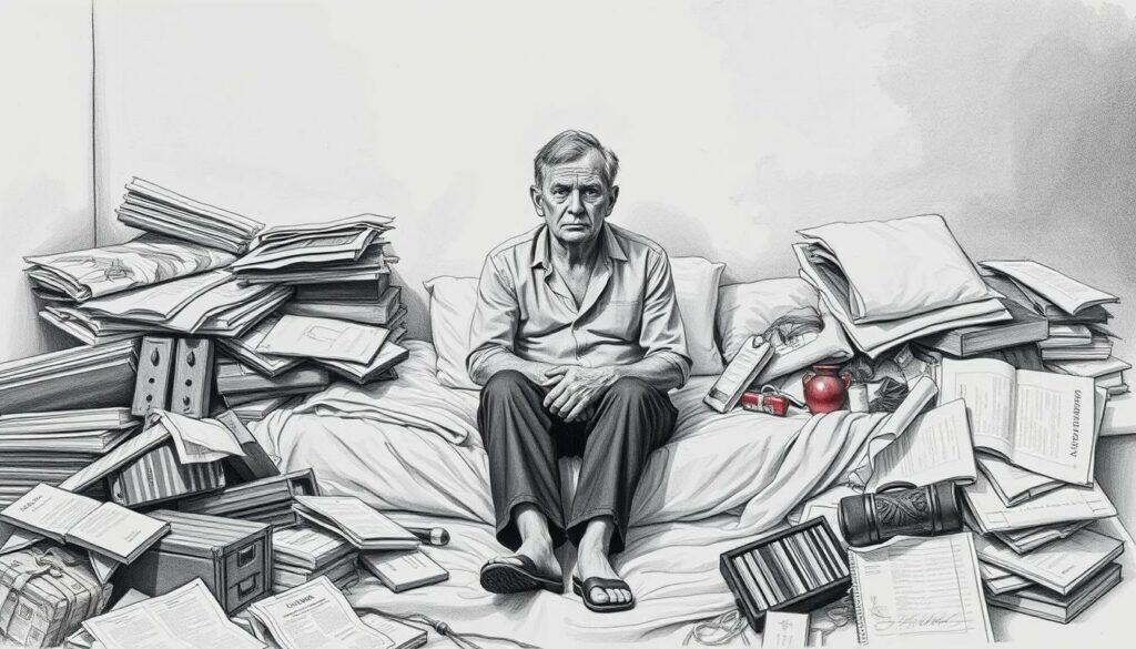 A middle-aged person sitting alone on a bed, surrounded by piles of personal belongings and memories. The figure appears contemplative, with a somber expression, as they navigate the emotional turmoil of household dissolution. The scene is rendered in a muted, almost monochromatic palette, with a single vibrant color accent, such as a small vase or trinket, to draw the eye. The lighting is soft and introspective, casting gentle shadows that convey a sense of weight and introspection. The composition emphasizes the solitary nature of the experience, with the figure isolated in the frame, the clutter of the belongings creating a sense of confinement and melancholy.
