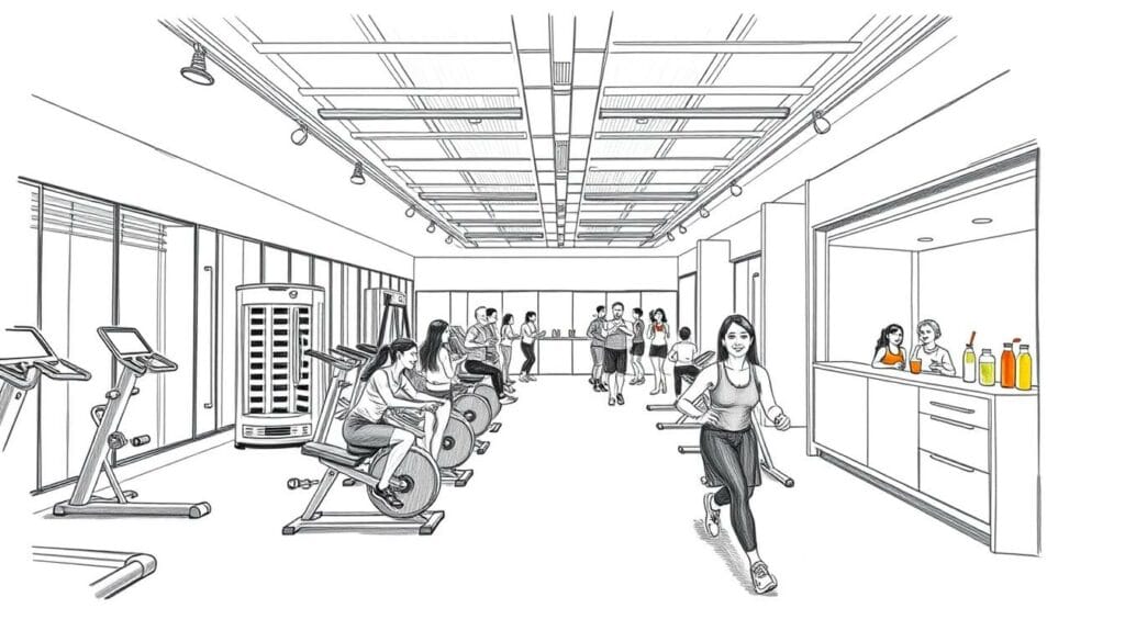 A modern and sleek fitness studio with a range of appealing membership benefits. The interior features bright, natural lighting and clean, minimalist design elements. The foreground showcases a selection of premium amenities such as state-of-the-art equipment, a sauna, and a smoothie bar. The middle ground depicts smiling members engaged in various workout activities. The background subtly highlights the studio's convenient location and accessibility. The overall atmosphere conveys a sense of wellness, rejuvenation, and a welcoming community. The image is rendered in a pencil sketch style with muted colors, save for a vibrant accent hue that draws the eye to the key membership advantages.