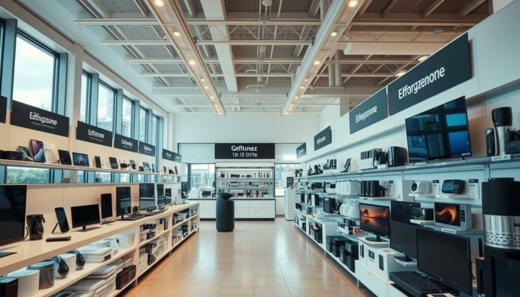 A modern and well-lit electronics store interior, with rows of neatly displayed products and signage clearly showing the store's "Öffnungszeiten" (opening hours). The space is bright and airy, with large windows allowing natural light to flood in. The shelves are meticulously organized, showcasing a wide range of electronic devices, from televisions and laptops to smartphones and kitchen appliances. The atmosphere is welcoming and inviting, with a clean, minimalist design that emphasizes the store's focus on technology and customer experience. The lighting is balanced, with a combination of overhead fixtures and task lighting highlighting the merchandise. The camera captures the scene from a slightly elevated angle, providing a comprehensive view of the store's layout and visual appeal.