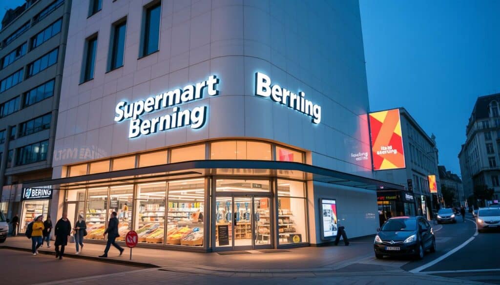 A modern and well-lit supermarket building, with a prominent sign reading "Supermarkt Berning" above the entrance. The storefront features large display windows showcasing the store's offerings. The surrounding area is a bustling urban streetscape, with pedestrians and vehicles moving through the scene. The building is situated on a corner, allowing for visibility from multiple angles. The overall atmosphere conveys a sense of convenience, accessibility, and a pleasant shopping experience. The lighting is bright and even, highlighting the clean, contemporary design of the supermarket. A wide, well-paved sidewalk leads to the entrance, making the store easily accessible for customers.