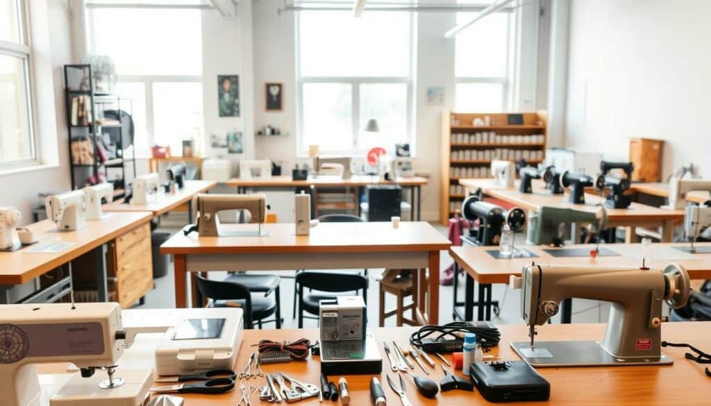 A modern and well-organized workshop interior, showcasing various sewing machines and repair tools arranged in a neat, professional manner. The foreground features a selection of sewing machines in different styles, including vintage and contemporary models, all well-maintained and positioned for easy access. The middle ground displays a range of repair tools, such as scissors, tweezers, and lubricants, neatly organized on workbenches. The background depicts a clean, well-lit space with large windows, allowing natural light to flood the area and create a warm, inviting atmosphere. The overall scene conveys a sense of expertise, efficiency, and a dedication to providing high-quality sewing machine repair services.