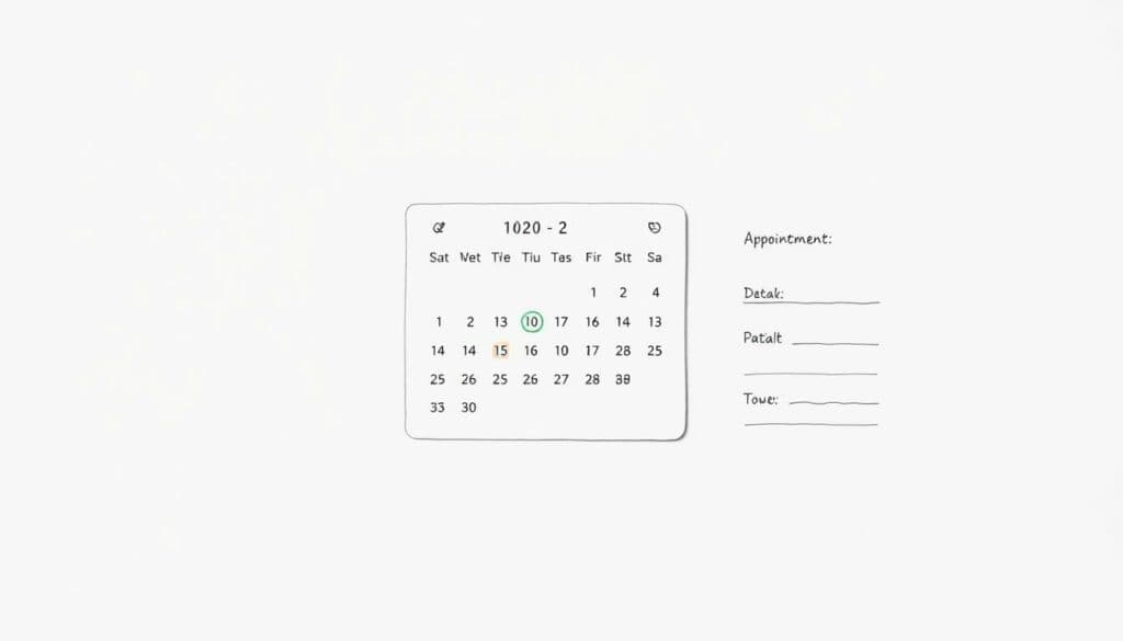 A modern, clean-looking online appointment booking interface for a dental clinic. A light-colored background showcases a minimalist, intuitive design with a smooth, user-friendly layout. In the center, a large calendar widget allows easy selection of available appointment slots, with a subtle color accent on the current date. To the side, a simple form for entering patient details seamlessly integrates into the overall aesthetic. The entire scene has a refined, hand-drawn pencil sketch style with just a touch of muted color, conveying a sense of professionalism and ease of use.
