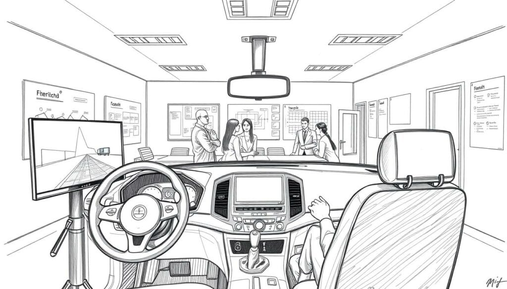 A modern driving school with a realistic driving simulator in the foreground, showcasing advanced training methods. The simulator is detailed, with a sleek, minimalist design and a large, high-resolution display. In the middle ground, a group of students intently observe and practice their driving skills. The background features a well-equipped classroom with diagrams, charts, and educational materials, conveying a sense of professionalism and expertise. The overall scene is rendered in a muted, pencil-sketched style with a subtle touch of color, evoking a thoughtful, educational atmosphere.