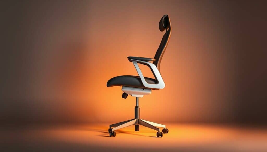 A modern, ergonomic office chair with a sleek, high-backed design. The chair features a contoured seat and backrest for optimal lumbar support, adjustable armrests, and a sturdy, five-star base with casters for easy mobility. The chair is illuminated by warm, indirect lighting, creating a cozy, professional atmosphere. The camera is positioned at a slightly elevated angle, capturing the chair's clean lines and elegant silhouette against a minimalist, gray background, emphasizing its functional yet stylish aesthetic.