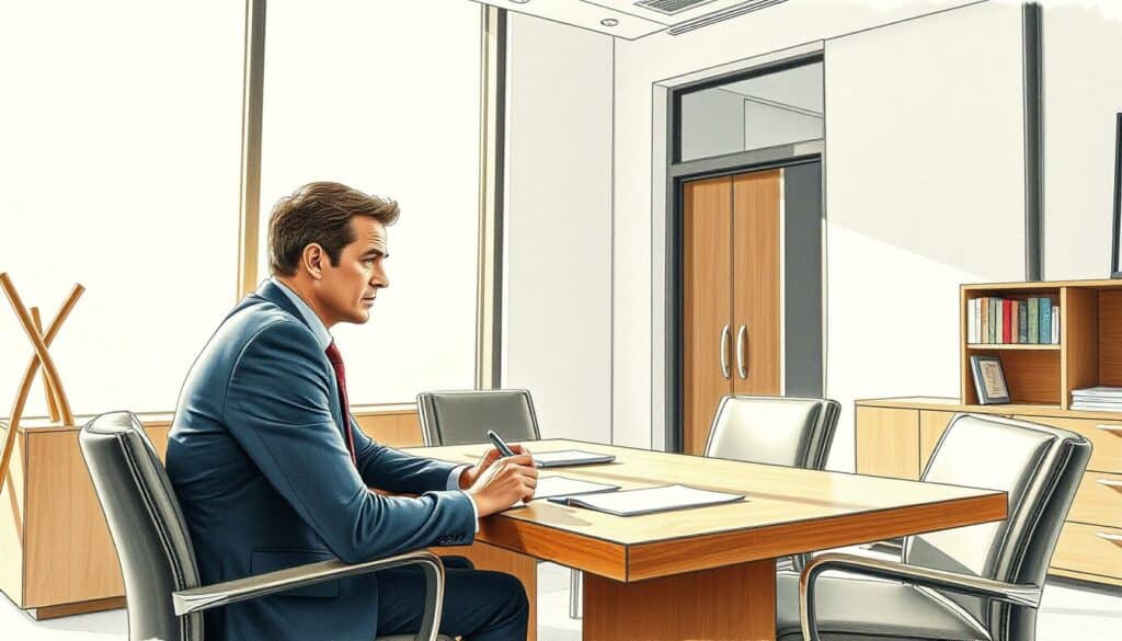 A modern law office interior, with a wooden desk and comfortable chairs. A businessman sits across from a serious-looking lawyer, engaged in deep discussion. Soft natural light filters through large windows, casting a warm glow on the scene. The lawyer's expression is one of attentiveness, conveying a sense of professionalism and expertise. The businessman appears contemplative, suggesting the gravity of the legal matters at hand. The overall atmosphere is one of trust and diligence, captured in a muted color palette with a subtle pencil sketch effect and a touch of vibrant accent color.