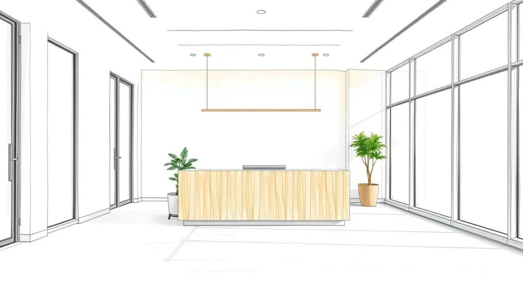 A modern, minimalist office interior with a sleek, minimalist reception desk. The walls are a crisp white, with a calming, neutral color palette throughout. Elegant lighting fixtures cast a warm, inviting glow, and large windows flood the space with natural light. The front desk is made of a light, natural wood, with a simple, modern design. A small potted plant adds a touch of greenery, complementing the overall serene atmosphere. The scene is rendered in a delicate pencil sketch style, with muted, pastel color accents highlighting key details.