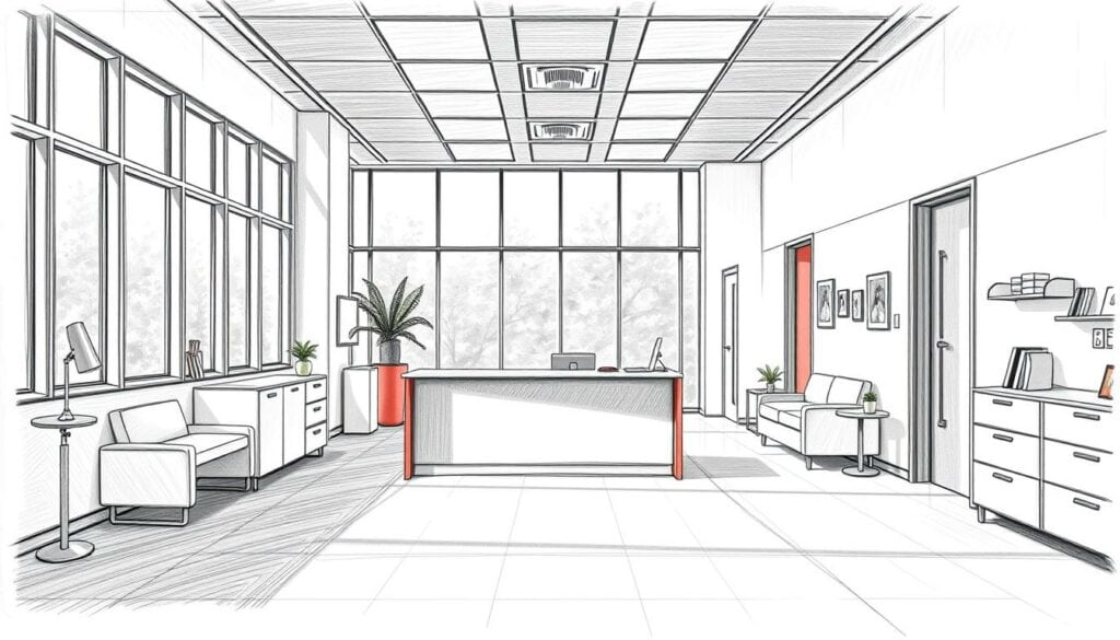 A modern, minimalist veterinary clinic interior with an online appointment booking desk in the foreground. The desk is rendered in a muted color palette, with a subtle pop of accent color. The middle ground features clean, clinical furnishings and equipment, while the background showcases floor-to-ceiling windows, allowing natural light to flood the space. The overall atmosphere is calm, professional, and welcoming, reflecting the care and attention provided by the veterinary team. The image is presented as a delicate pencil sketch, with a touch of color to highlight the online appointment booking element.