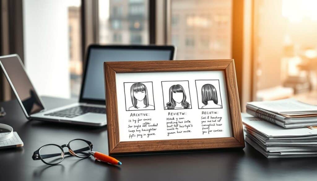 A modern office desk with a laptop, reading glasses, and a stack of handwritten notes. In the foreground, a wooden frame holds various hairstyle photos, each with a handwritten review underneath. The background is a soft, blurred cityscape seen through a large window, bathed in warm, natural lighting. The overall atmosphere is one of thoughtful analysis, with a touch of creativity and artistry. The image has a muted color palette, with a subtle accent of a single, vibrant color, such as a red pen or a blue highlighter, drawing the viewer's attention to the detailed hairstyle reviews.