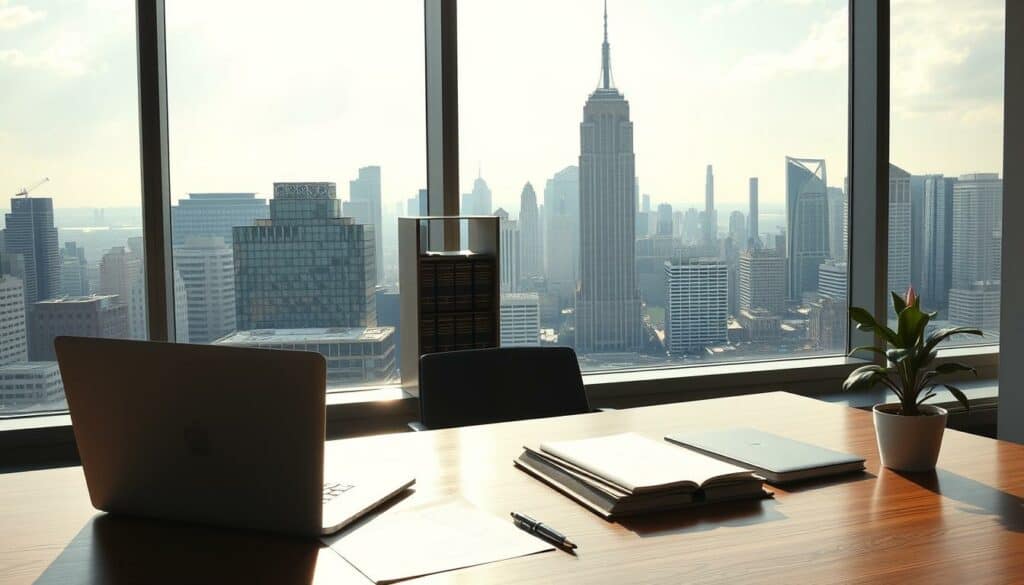 A modern office setting with a large window overlooking a bustling city skyline. In the foreground, a desk with a laptop, some legal documents, and a small potted plant. The lighting is bright and airy, casting a warm glow across the scene. In the middle ground, a bookshelf with volumes on business law and corporate governance. The background features a cityscape with towering skyscrapers, hinting at the complex legal landscape surrounding social media platforms like TikTok. The overall mood is one of professionalism and contemplation, inviting the viewer to consider the nuanced legal aspects of acquiring TikTok followers.
