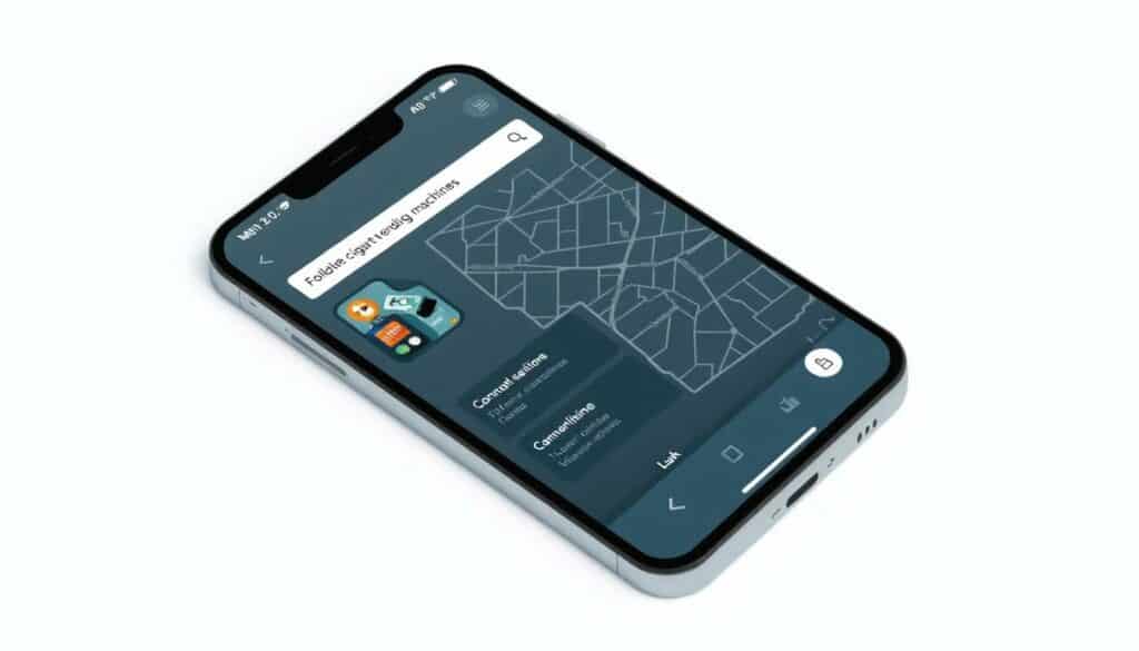 A modern smartphone screen displaying a sleek, minimalist app interface for finding nearby cigarette vending machines. The app's design features a clean, uncluttered layout with large, easy-to-read icons and a prominent search bar. The user interface has a cool, neutral color palette, possibly with shades of blue or gray, conveying a sense of professionalism and functionality. The app seamlessly integrates maps and location services, allowing users to quickly locate the closest available cigarette vending machines with precise GPS coordinates and intuitive navigation. The overall mood is one of efficiency, practicality, and utility, catering to the needs of those seeking a convenient way to access cigarette purchases.