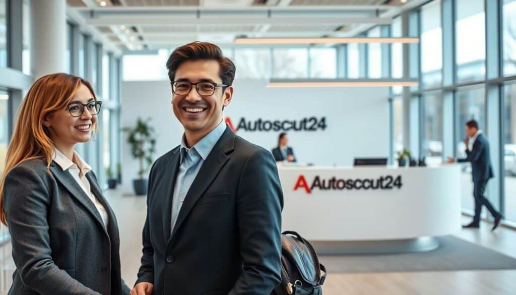 A modern, well-designed office space for the Autoscout24 customer service team. In the foreground, a customer service representative in a professional outfit is assisting a customer with a warm, friendly expression. The middle ground features a clean, minimalist reception desk with the Autoscout24 logo prominently displayed. The background showcases floor-to-ceiling windows, allowing natural light to flood the space and create an airy, welcoming atmosphere. The color palette is a harmonious blend of Autoscout24's brand colors, with accents of blues, grays, and whites. The overall scene conveys a sense of efficiency, professionalism, and a customer-centric focus. A modern, well-designed office space for the Autoscout24 customer service team. In the foreground, a customer service representative in a professional outfit is assisting a customer with a warm, friendly expression. The middle ground features a clean, minimalist reception desk with the Autoscout24 logo prominently displayed. The background showcases floor-to-ceiling windows, allowing natural light to flood the space and create an airy, welcoming atmosphere. The color palette is a harmonious blend of Autoscout24's brand colors, with accents of blues, grays, and whites. The overall scene conveys a sense of efficiency, professionalism, and a customer-centric focus.