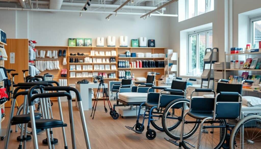 A modern, well-equipped sanitätshaus showroom, filled with an array of assistive devices and medical supplies. The foreground showcases a variety of mobility aids, including sleek walkers, ergonomic crutches, and stylish wheelchairs. In the middle ground, display shelves feature an assortment of home healthcare products, from compression socks to adjustable beds. The background depicts a warm, inviting space with natural lighting streaming through large windows, creating a calming atmosphere. The overall scene conveys a sense of professionalism, attention to detail, and a commitment to improving quality of life through carefully curated healthcare solutions.
